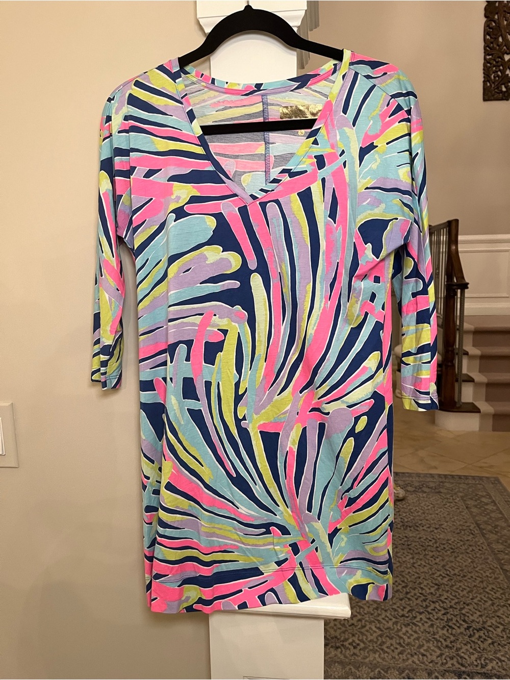 Lilly Pulitzer Amina Dress XXS High Tide Dancing Lady Pima Cotton 3/4 Sleeve